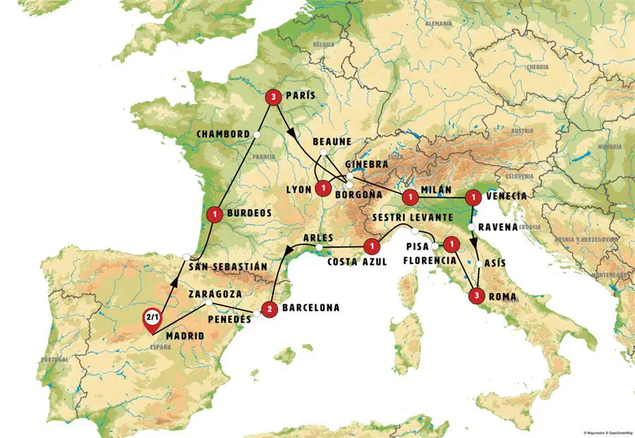 Mapa del recorrido Alma Europea 18 días