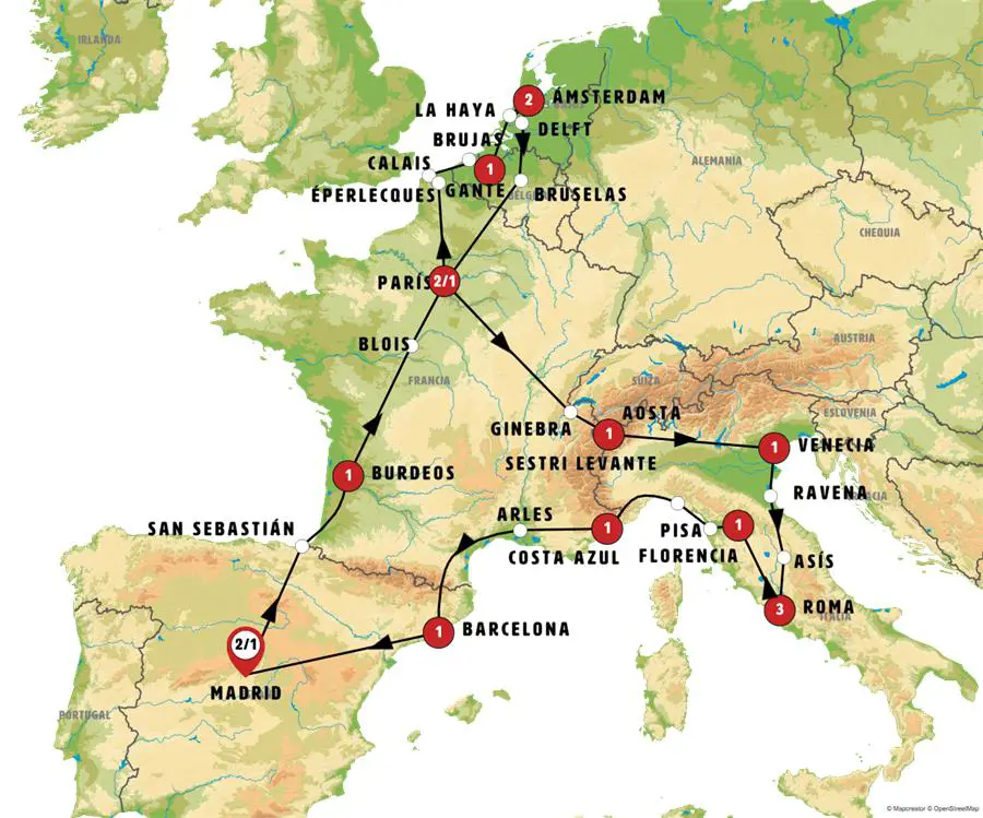 Mapa del recorrido Bellezas de Europa 19 días