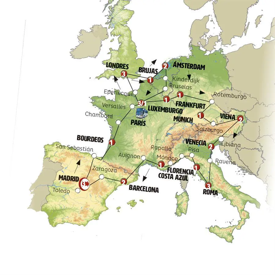 Mapa del recorrido Capitales y Paisajes de Europa 30 días