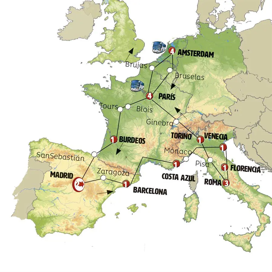 Mapa del recorrido Clásicos Europeos 19 días