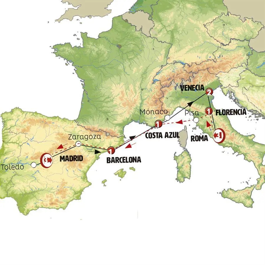 Mapa del recorrido España, Italia, Costa Azul 16 días