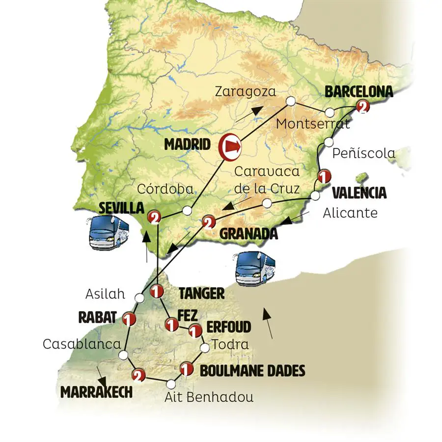 Mapa del recorrido España y Marruecos 16 días