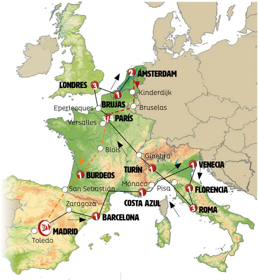 Mapa del recorrido Europa Básica 23 días