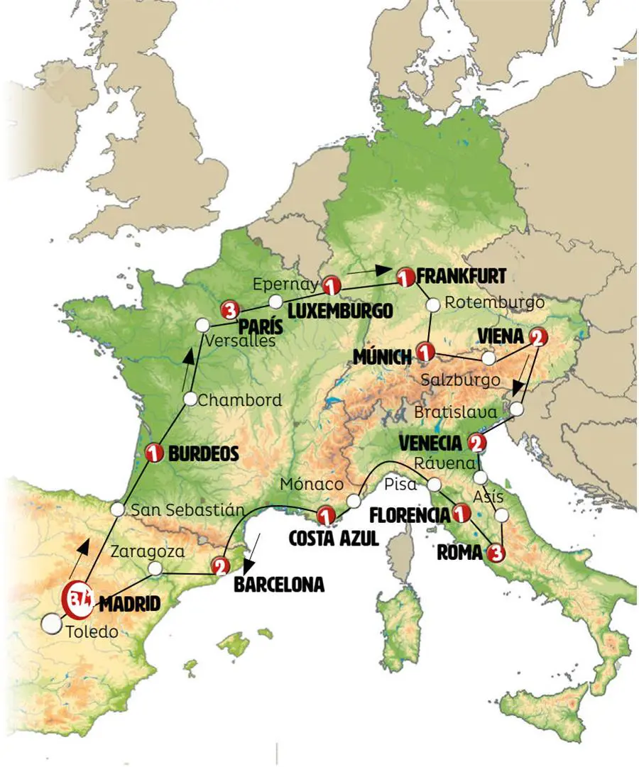 Mapa del recorrido Europa Inolvidable 23 días
