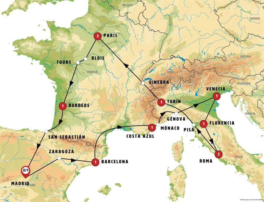 Mapa del recorrido Europa Soñada 16 días