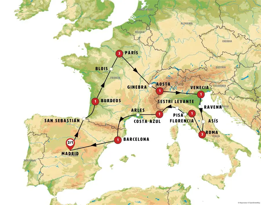 Mapa del recorrido Europa Turista 16 días