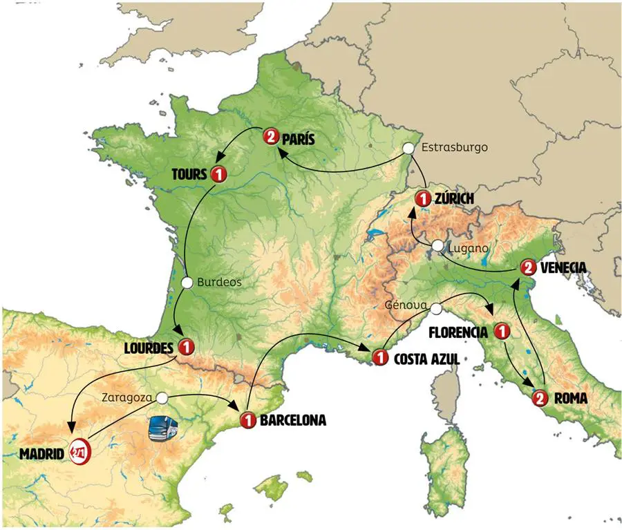 Mapa del recorrido Europa Turística 16 días