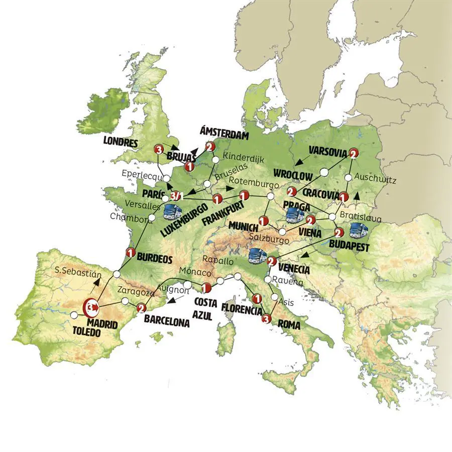 Mapa del recorrido Gran Circuito Europeo 37 días