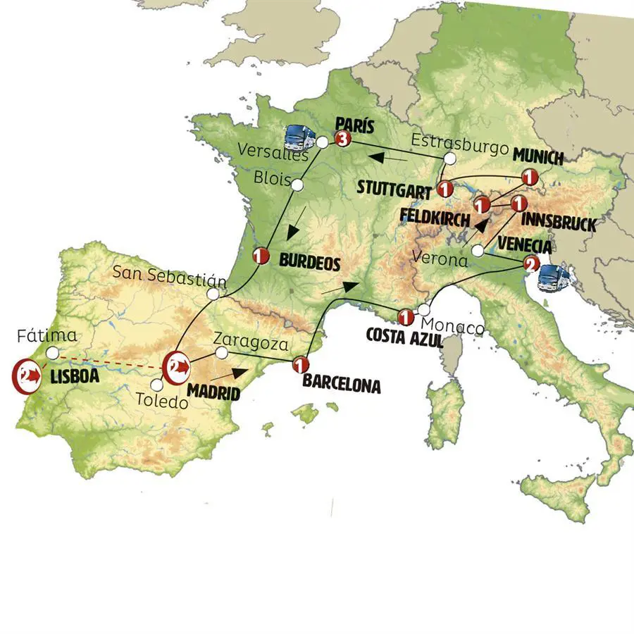 Mapa del recorrido Ilusión Europea 16 días