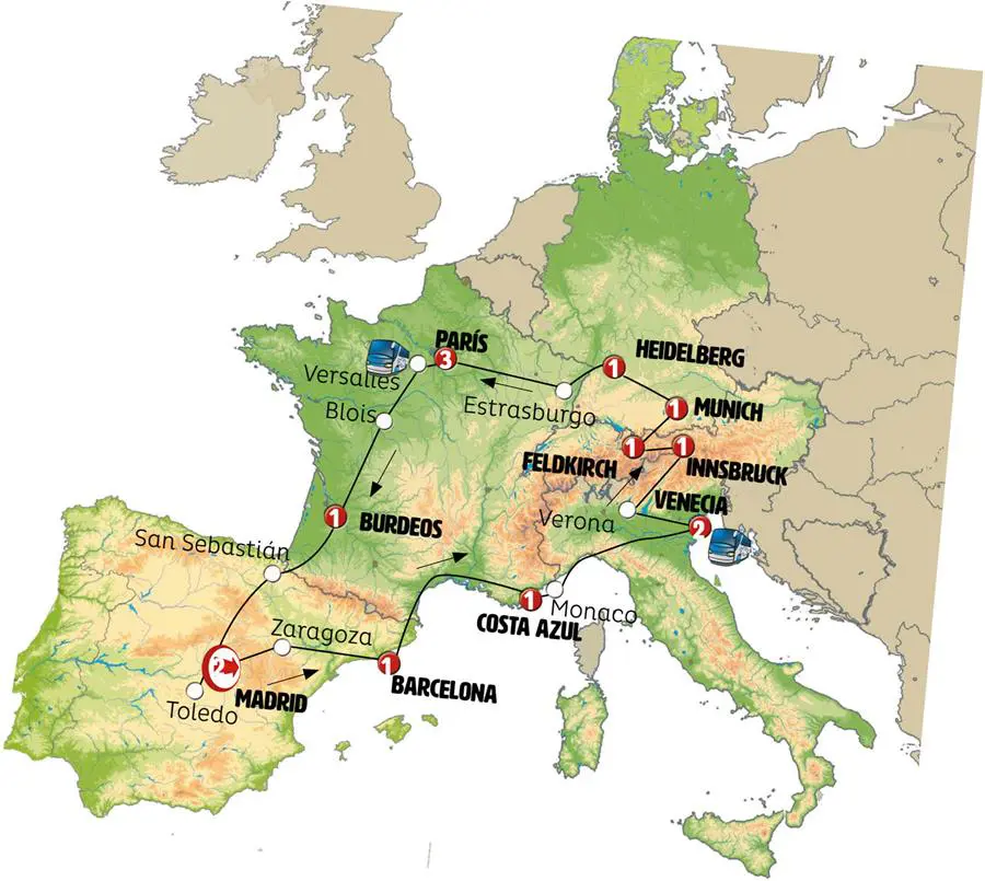 Mapa del recorrido Ilusión Europea ROT 15 días
