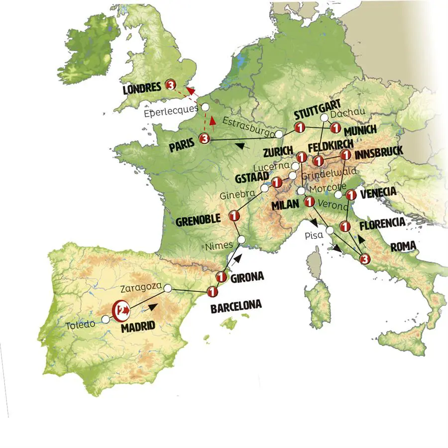 Mapa del recorrido Luces de Europa 21 días