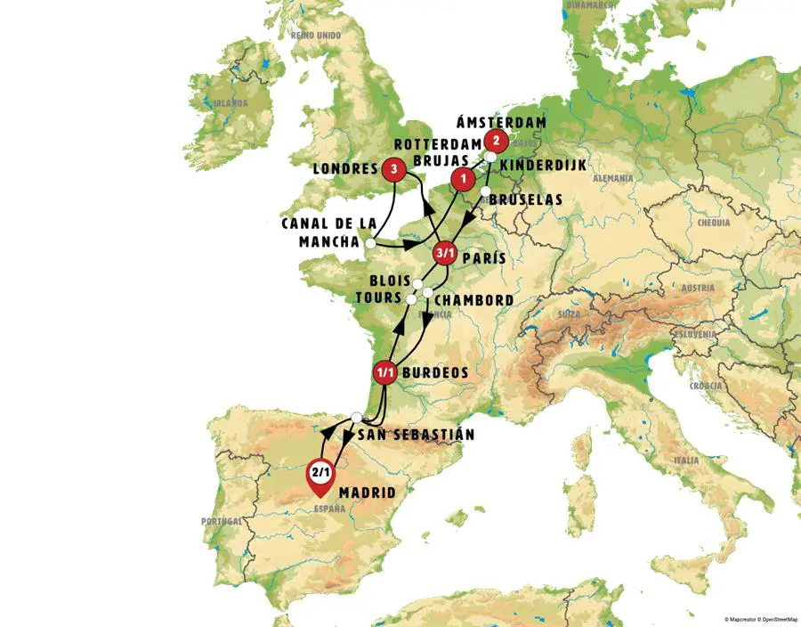 Mapa del recorrido Madrid y Norte Europeo 16 días