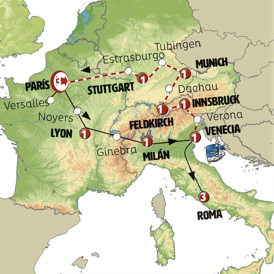 Mapa del recorrido Maravillas Europeas 19 días