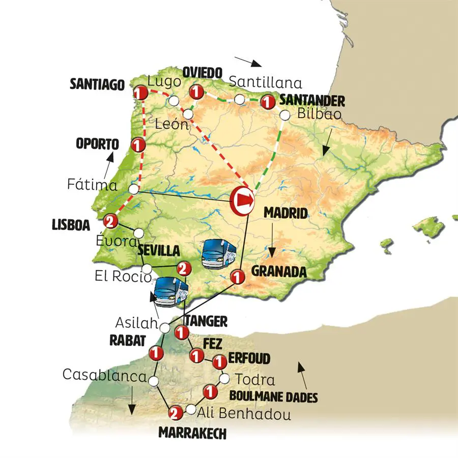 Mapa del recorrido Marruecos, España y Portugal con Madrid 18 días