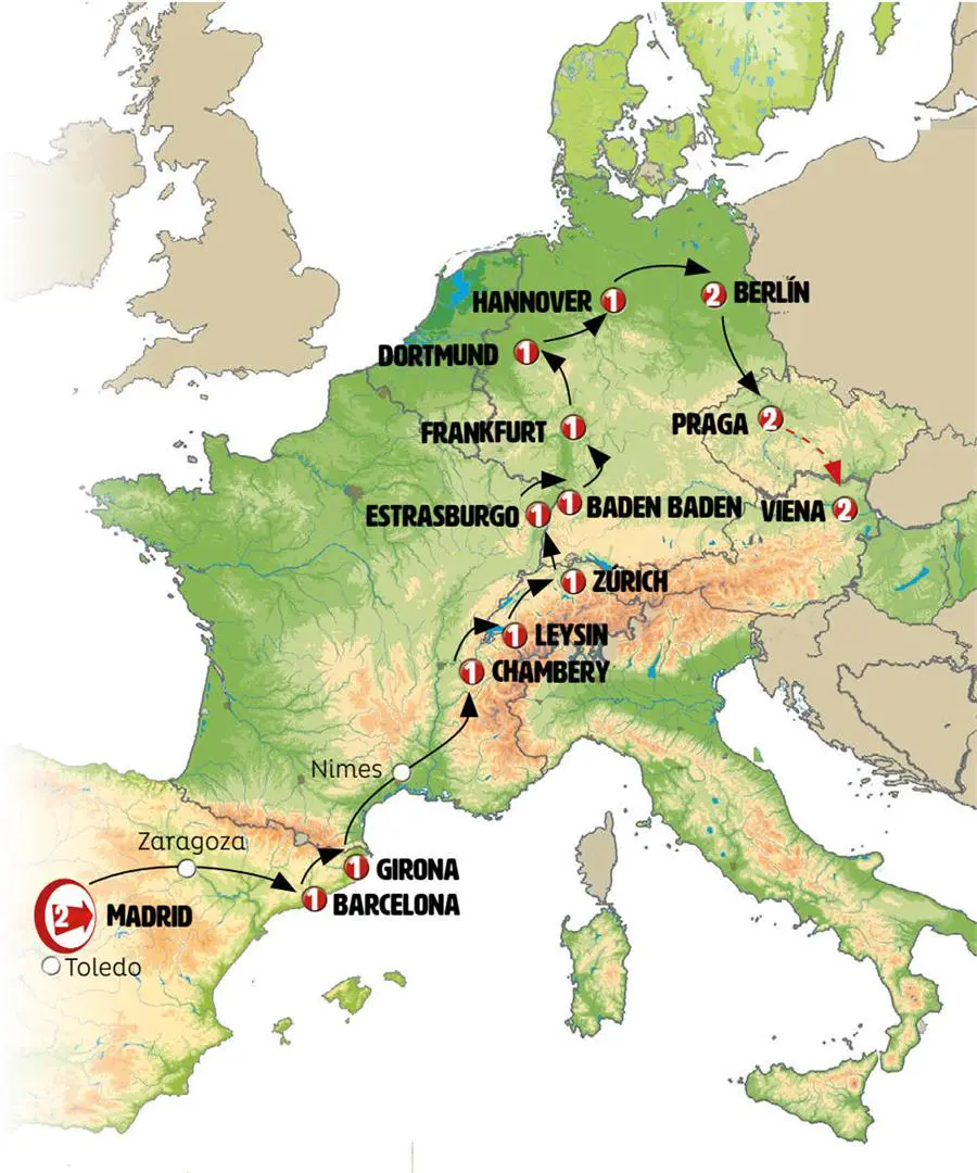Mapa del recorrido España y Suiza con Alsacia y Ruta Cuentos de Hadas Fin Viena 19 días