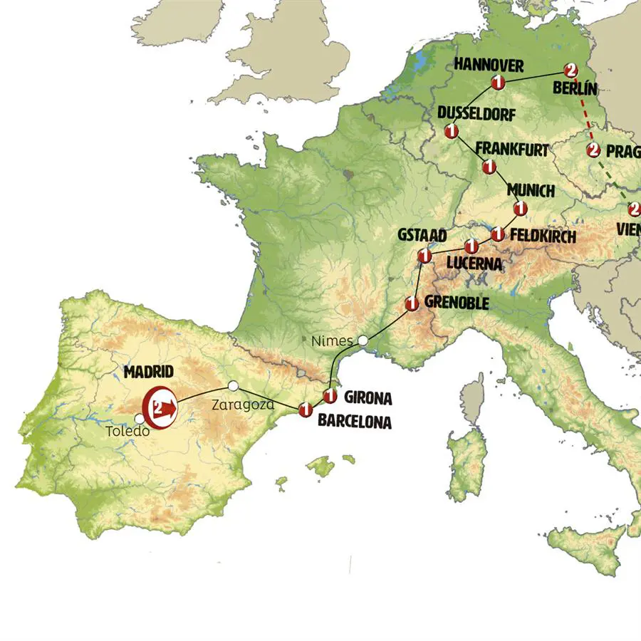 Mapa del recorrido Tesoros Europeos 19 días