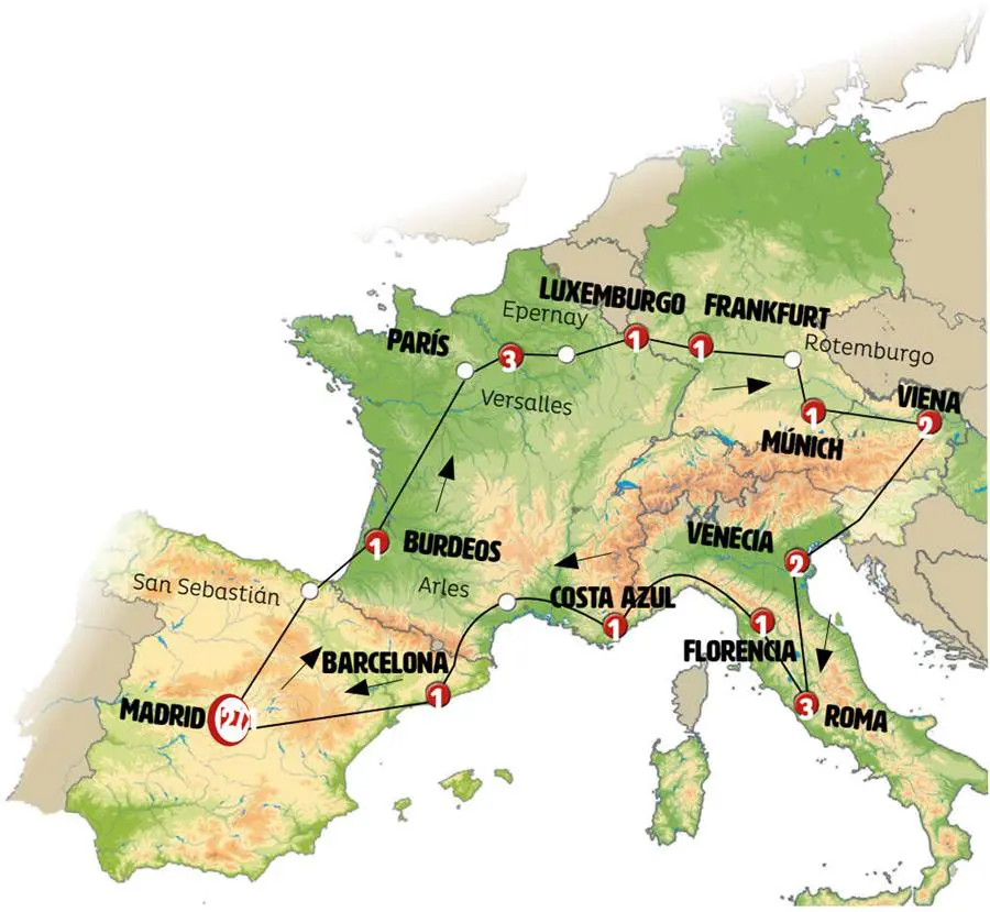 Mapa del recorrido Toda Europa Turista 21 días